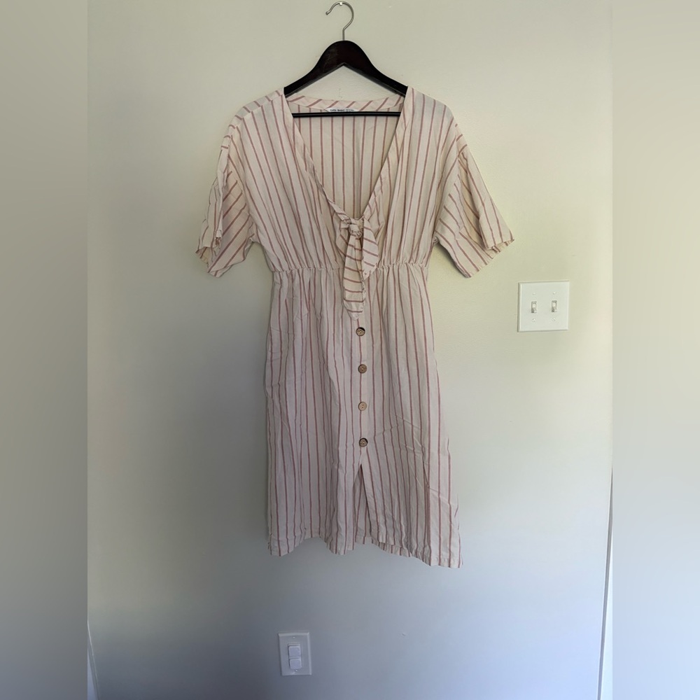 Zara Cream Midi Dress with Pink Stripes